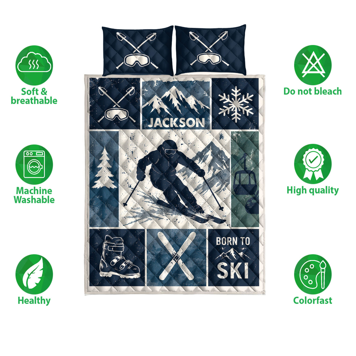 Skiing quilt bedding set shown with mountain skier artwork, ski boots, crossed skis, snowflake, and winter icons