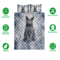 Russian Blue cat quilt bedding set with coordinated cat artwork, blue watercolor background, and feature icons