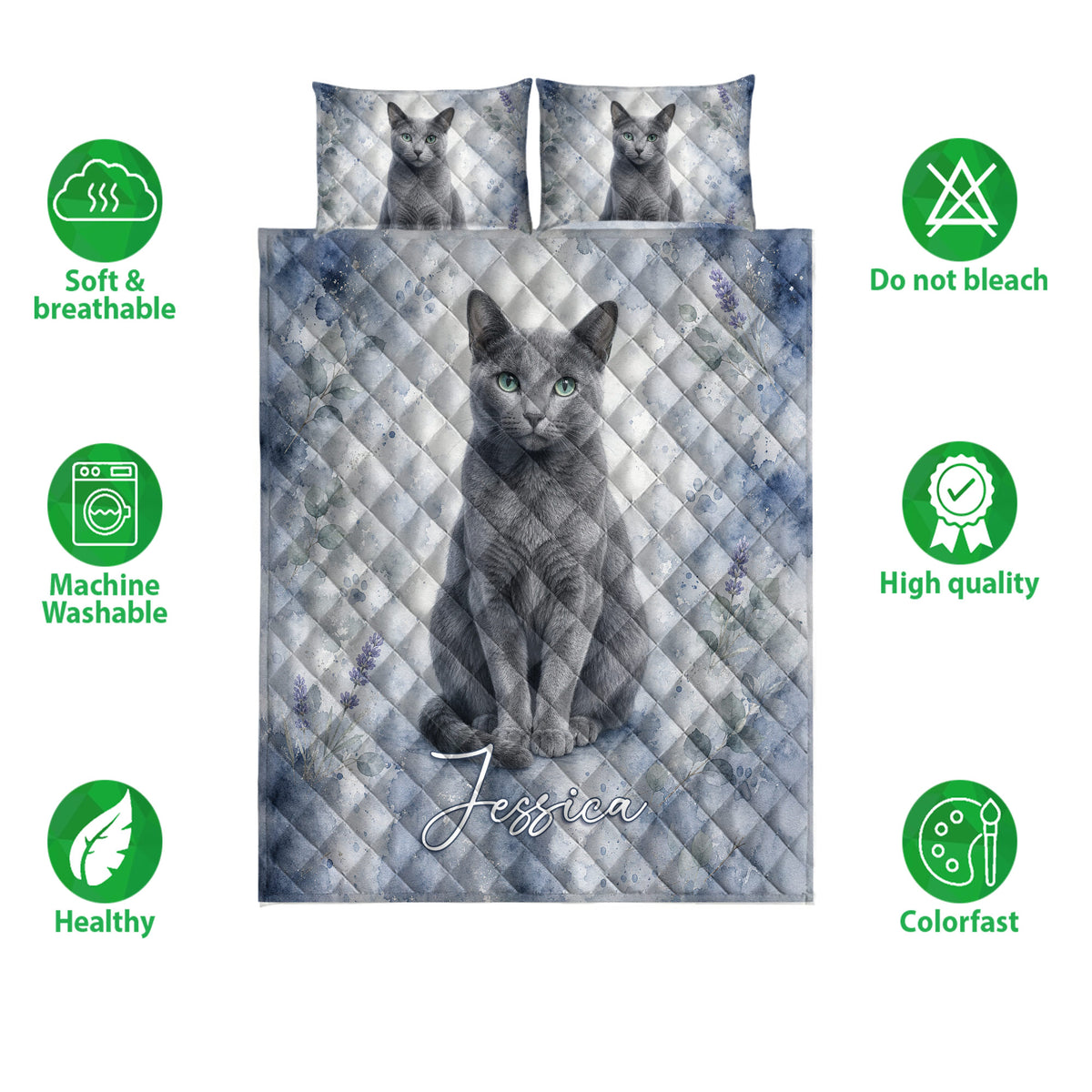 Russian Blue cat quilt bedding set with coordinated cat artwork, blue watercolor background, and feature icons
