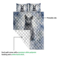 Russian Blue cat quilt showing the printed front design and white quilted backing