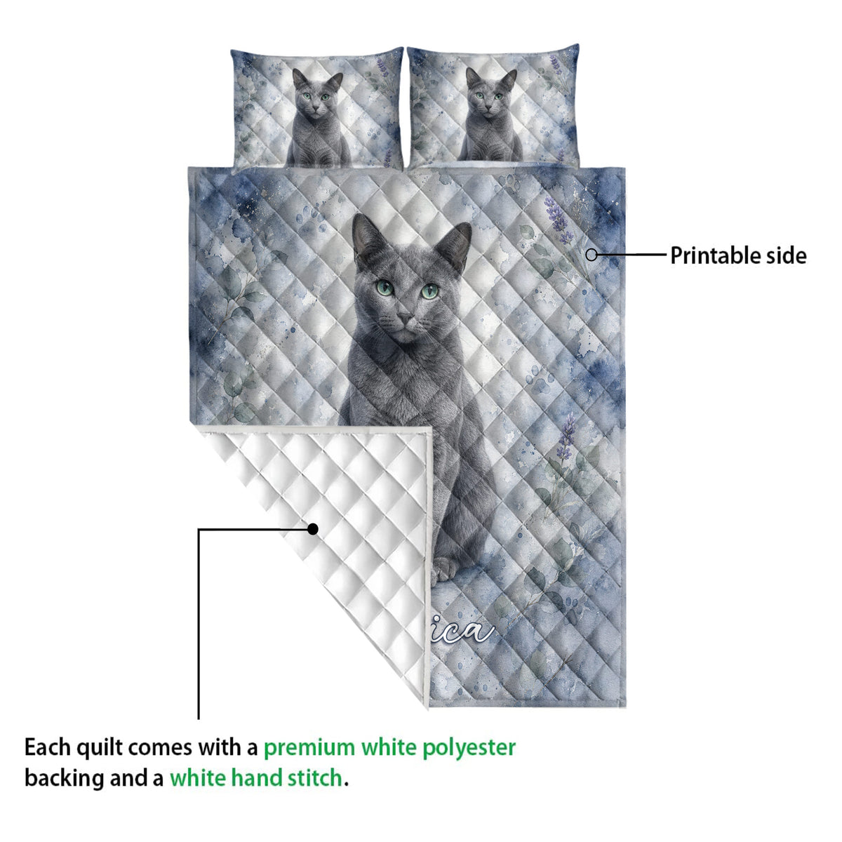 Russian Blue cat quilt showing the printed front design and white quilted backing