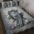Russian Blue cat quilt blanket displayed on a bed with dramatic cracked-wall artwork in gray tones
