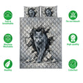 Russian Blue cat quilt bedding set shown with matching cat artwork and product feature icons