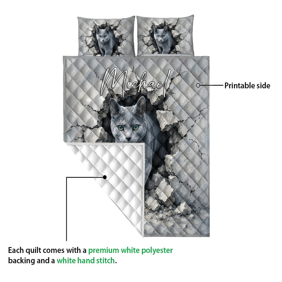 Russian Blue cat quilt blanket showing the printed front, quilted backing, and dramatic cat artwork