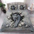 Russian Blue cat quilt bedding styled in a bright bedroom with matching pillows and gray cat artwork