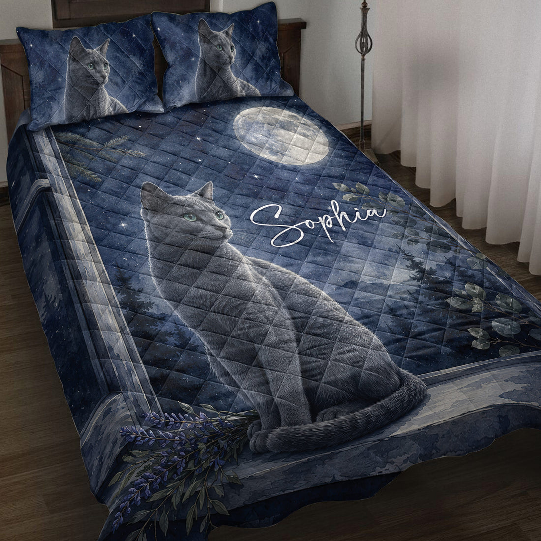 Russian Blue cat quilt blanket displayed on a bed with moonlit forest artwork and deep blue starry accents