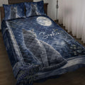 Russian Blue cat quilt blanket displayed on a bed with moonlit forest artwork and deep blue starry accents