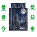 Russian Blue cat quilt bedding set shown with moonlit artwork and surrounding product feature icons