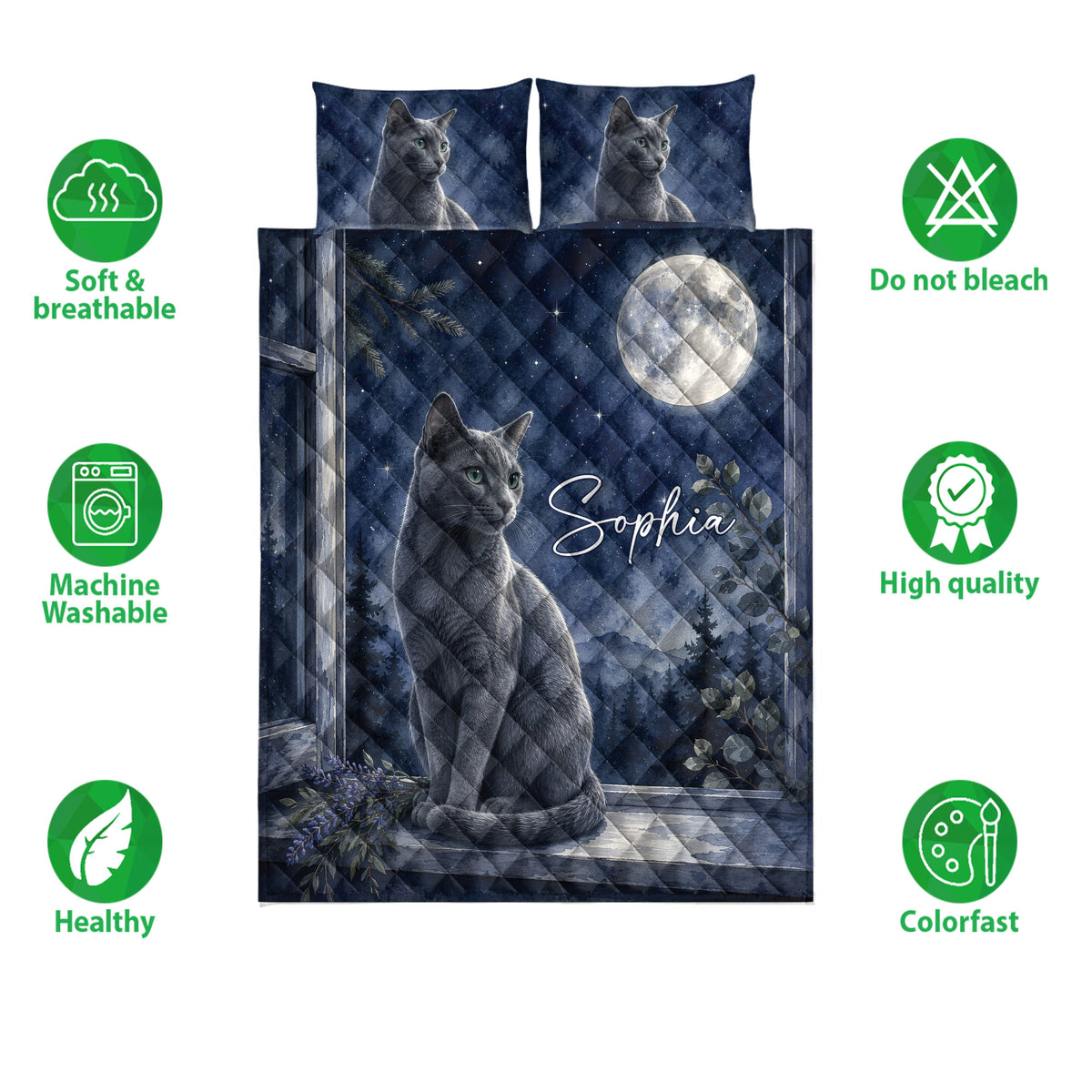 Russian Blue cat quilt bedding set shown with moonlit artwork and surrounding product feature icons