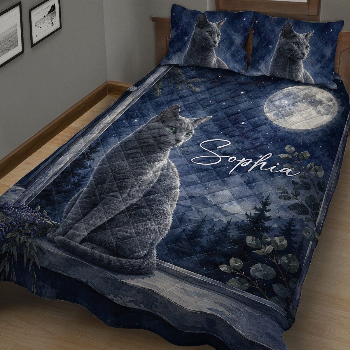 Close angled view of a Russian Blue cat quilt blanket with moonlit sky, foliage, and woodland details