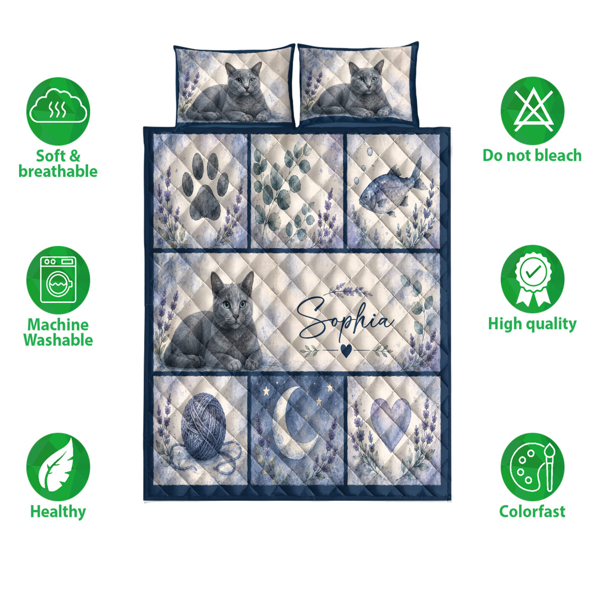 Russian Blue cat quilt bedding set shown flat with floral panels, paw prints, yarn, moon, heart, and fish motifs
