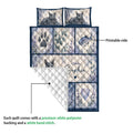 Russian Blue cat quilt showing the printed front artwork and white diamond-stitched reverse backing