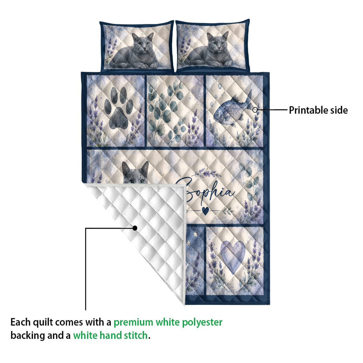 Russian Blue cat quilt showing the printed front artwork and white diamond-stitched reverse backing