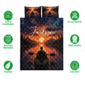 Kayak quilt bedding set shown with paddler artwork, sunset lake scenery, and product feature icons
