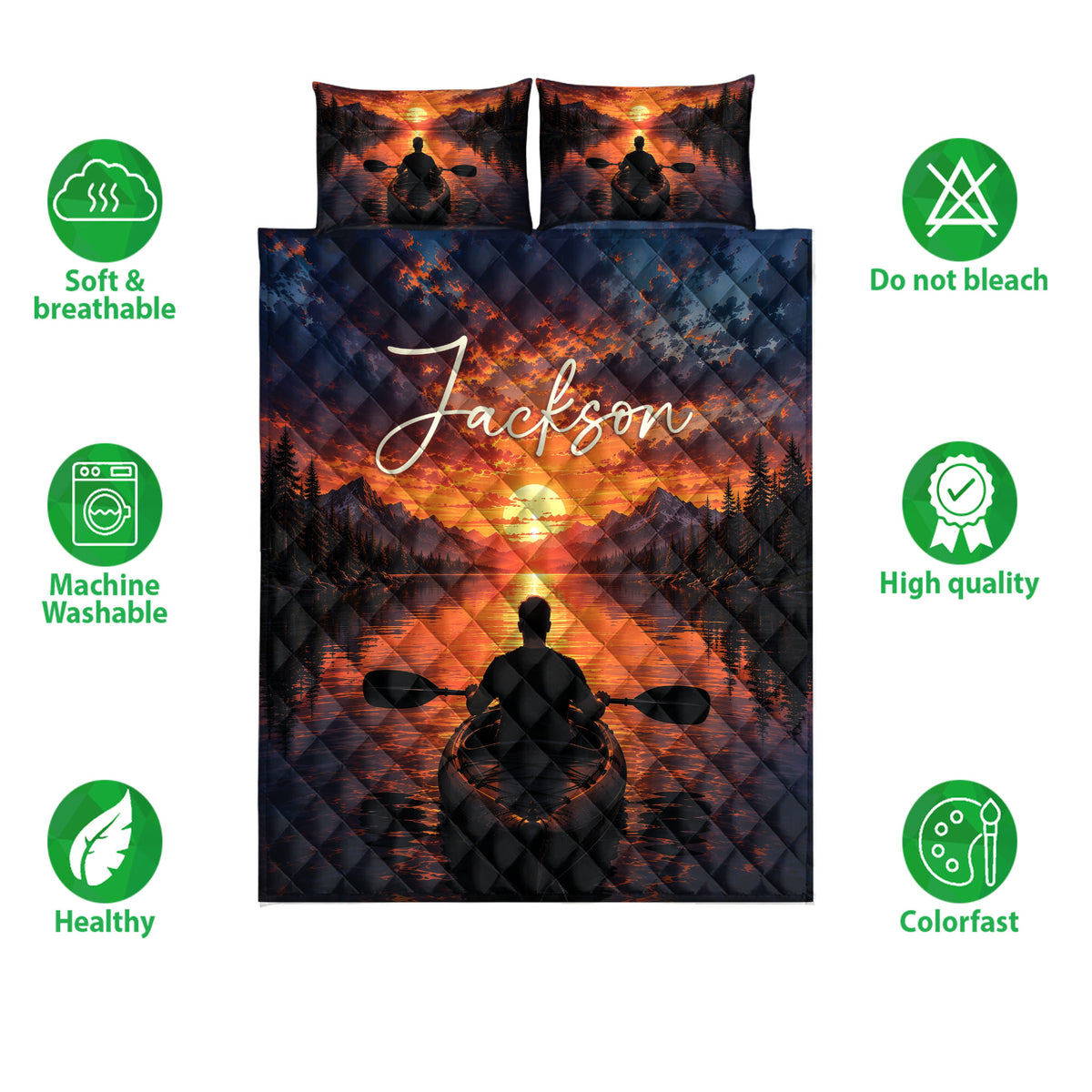 Kayak quilt bedding set shown with paddler artwork, sunset lake scenery, and product feature icons