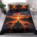 Kayak quilt bedding styled in a bright bedroom with sunset lake scenery and paddler artwork