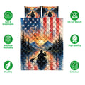 Kayak quilt bedding set shown with mountain lake artwork and soft, breathable, colorful design icons