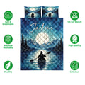 Kayak quilt bedding set shown front-facing with a moonlit mountain lake, evergreen forest, and paddler artwork