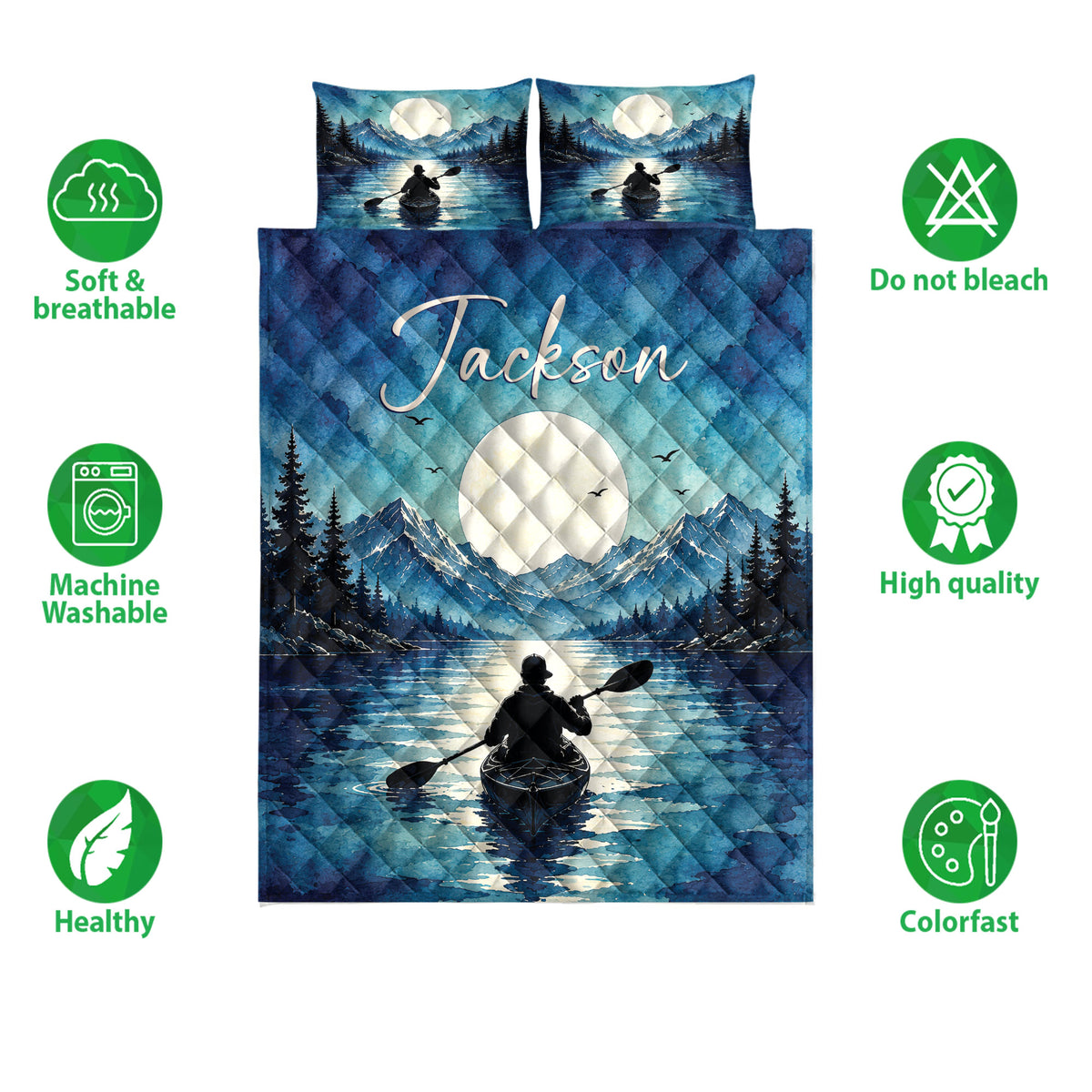 Kayak quilt bedding set shown front-facing with a moonlit mountain lake, evergreen forest, and paddler artwork