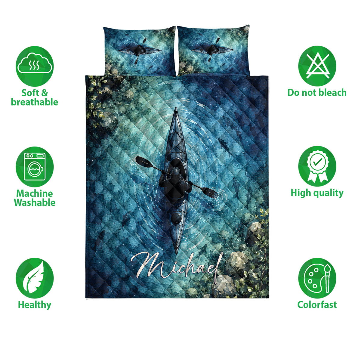 Kayak quilt bedding set shown front-facing with blue water artwork and soft breathable feature icons