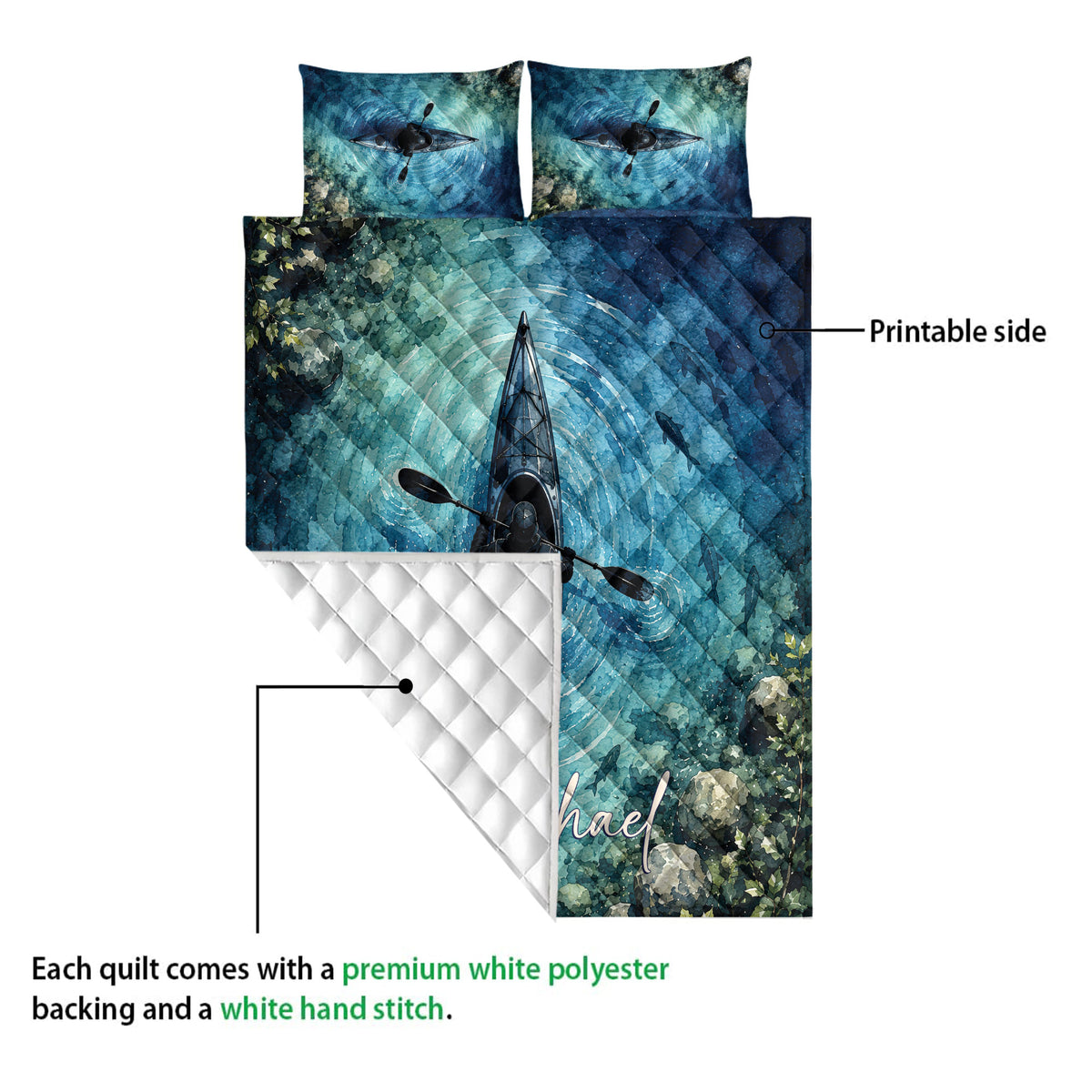 Kayak quilt showing the printed blue water side and white quilted backing in a detail presentation