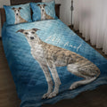Blue Whippet quilt blanket displayed on a bed with matching Whippet pillow artwork