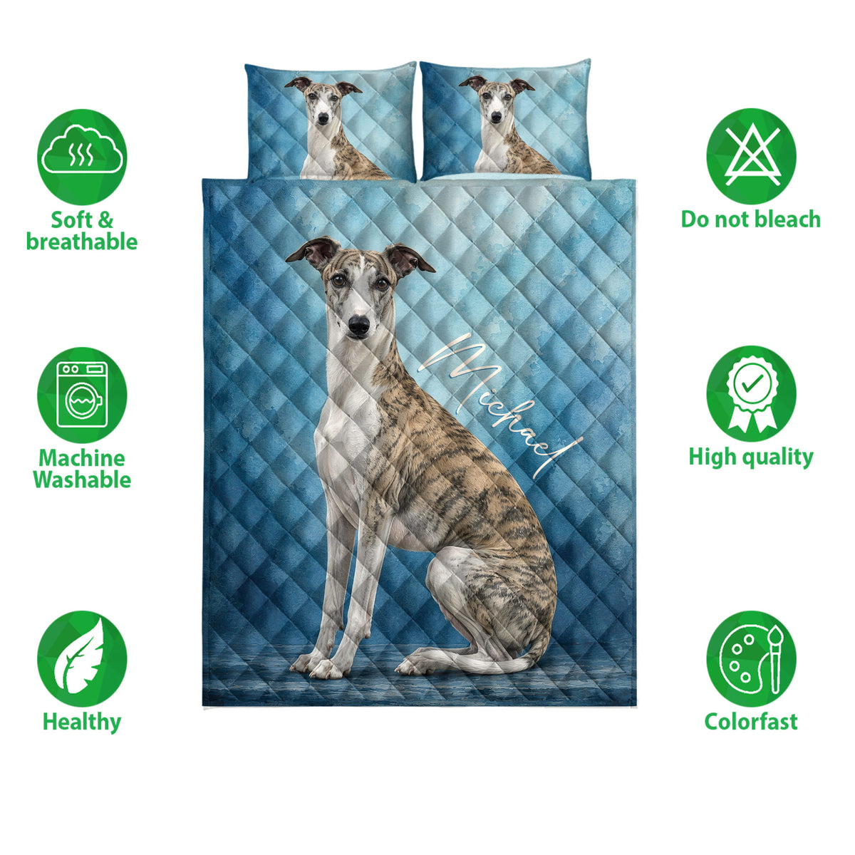 Whippet quilt bedding set shown with blue artwork and product feature icons