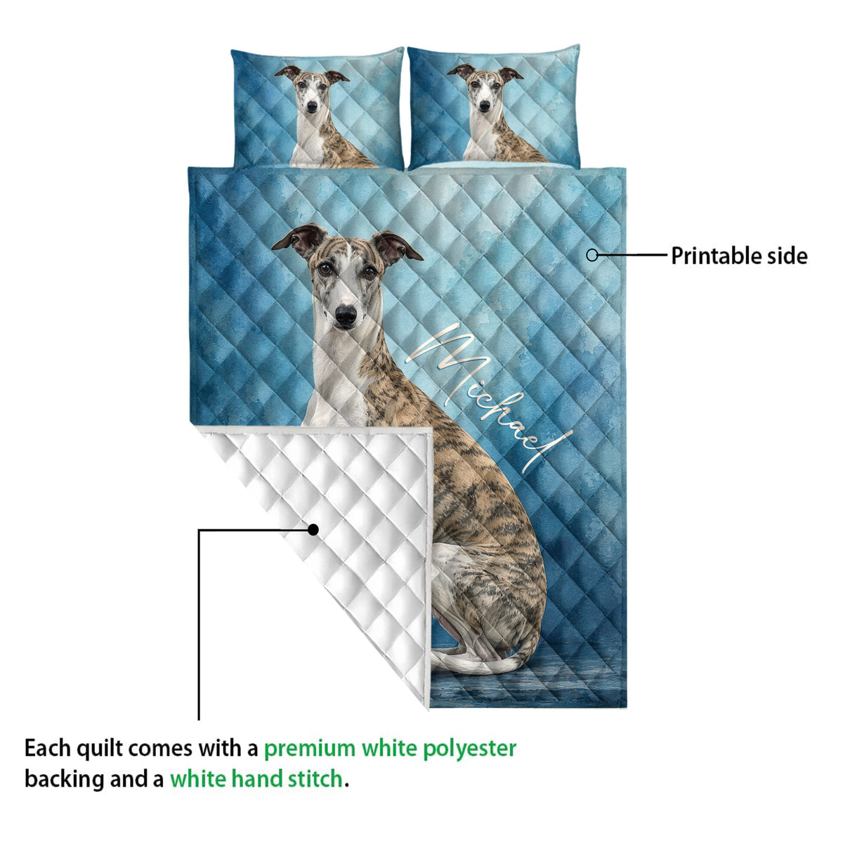 Whippet quilt bedding set showing the printed front and white quilted reverse