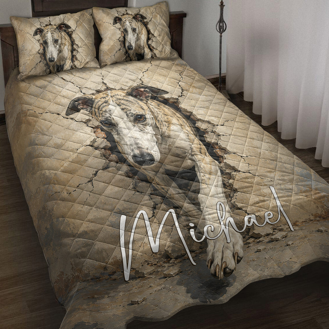 Whippet quilt blanket displayed on a bed with two matching dog portrait pillows and cracked-wall artwork