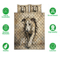Whippet quilt bedding set shown front-facing with matching pillows and illustrated product feature icons