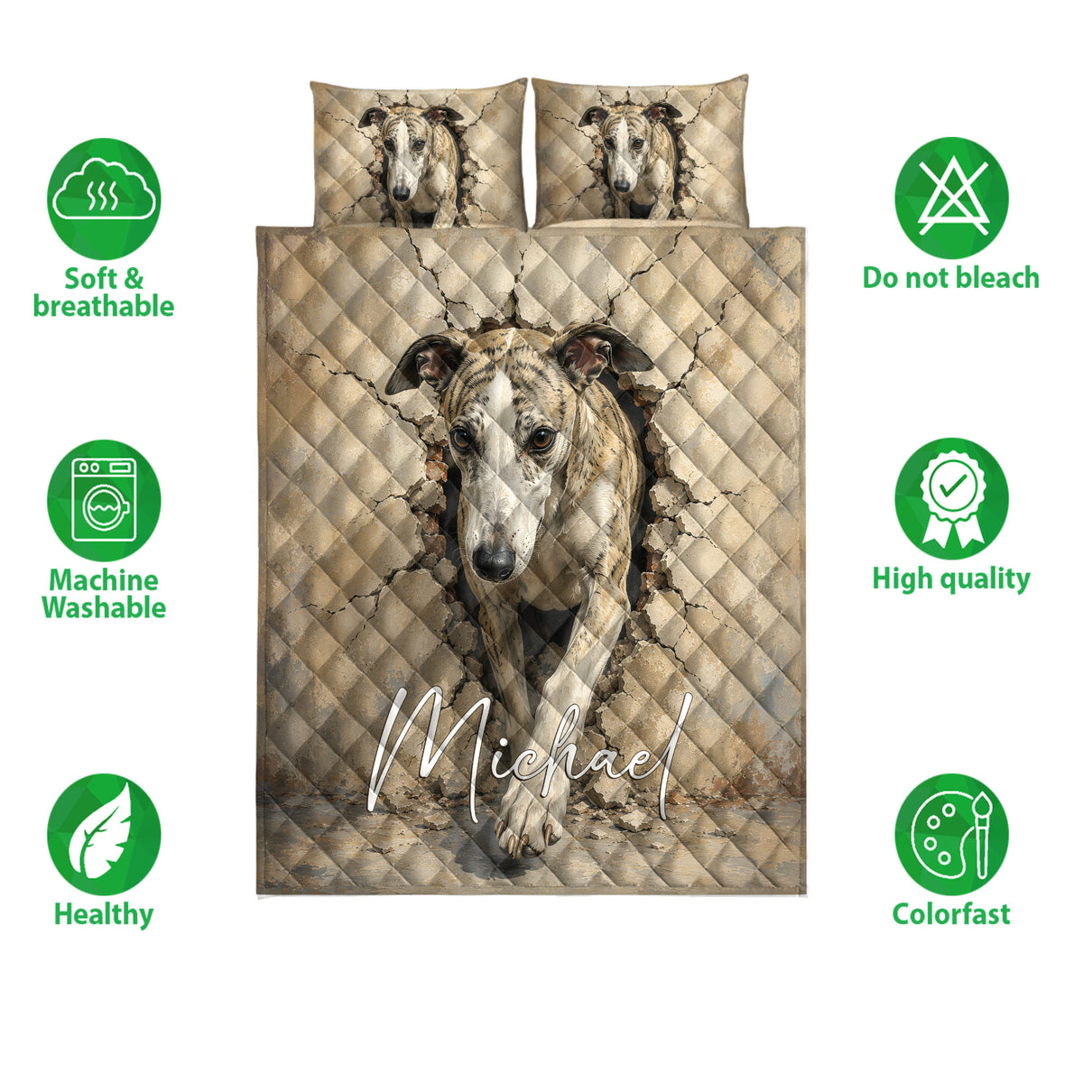 Whippet quilt bedding set shown front-facing with matching pillows and illustrated product feature icons
