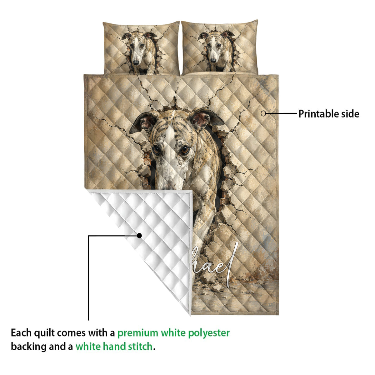 Whippet quilt blanket shown with its printed front and white diamond-stitched backing