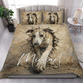 Whippet quilt bedding set styled in a bright bedroom with a large dog portrait across the bed