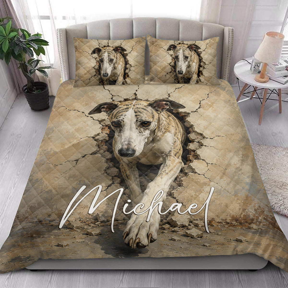 Whippet quilt bedding set styled in a bright bedroom with a large dog portrait across the bed