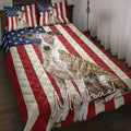 Patriotic Whippet quilt blanket displayed on a bed with American flag stripes and star pattern