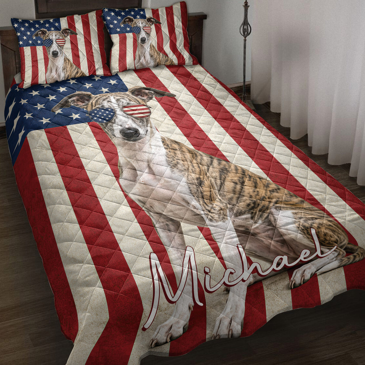 Patriotic Whippet quilt blanket displayed on a bed with American flag stripes and star pattern