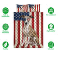 Whippet quilt bedding set shown with matching flag-themed pillowcases and product feature icons