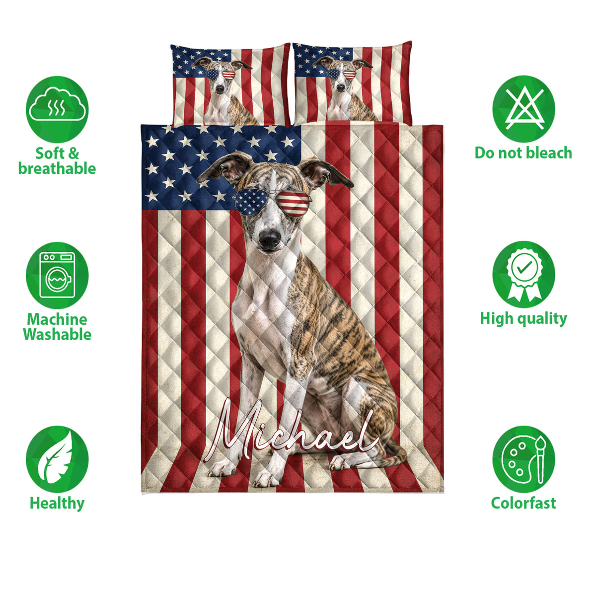 Whippet quilt bedding set shown with matching flag-themed pillowcases and product feature icons