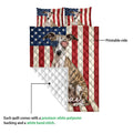 Patriotic Whippet quilt showing the printed front and white quilted backing