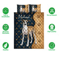 Whippet quilt bedding set shown with coordinated dog artwork and soft breathable feature icons