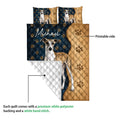 Whippet quilt blanket detail showing the printed front and white quilted backing