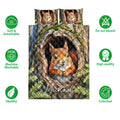 Squirrel quilt bedding set shown with woodland artwork and feature icons around the printed bedspread