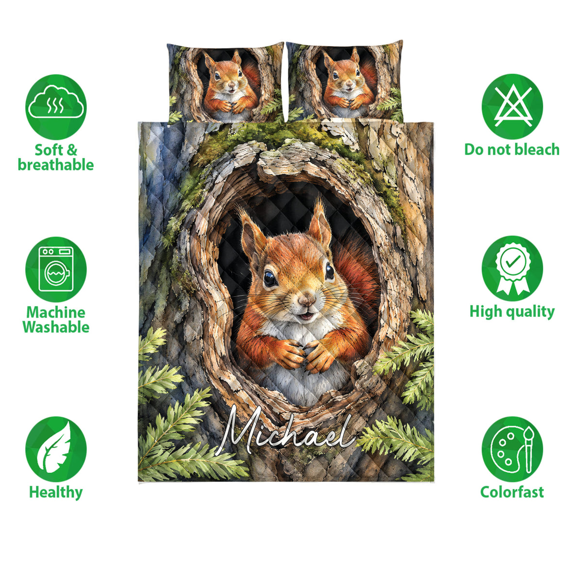 Squirrel quilt bedding set shown with woodland artwork and feature icons around the printed bedspread