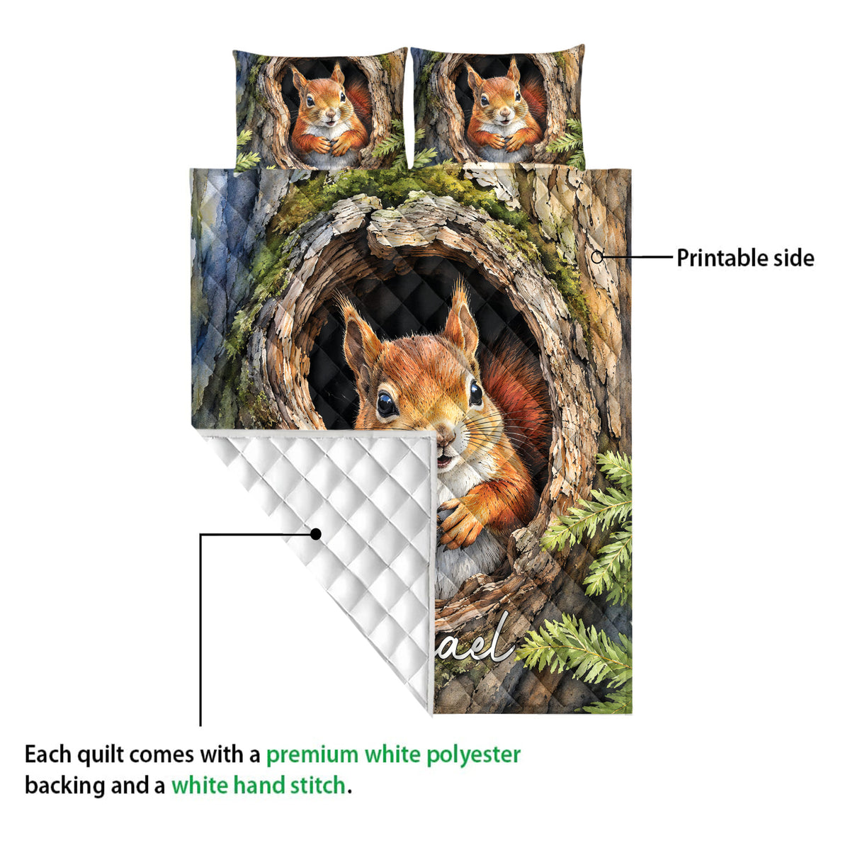 Close view of squirrel quilt blanket showing the colorful printed woodland side and diamond quilted backing