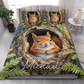Squirrel quilt bedding styled in a bright bedroom with a large woodland squirrel design across the bed