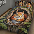 Squirrel quilt blanket shown in a bedroom with two squirrel pillows and a detailed forest tree design