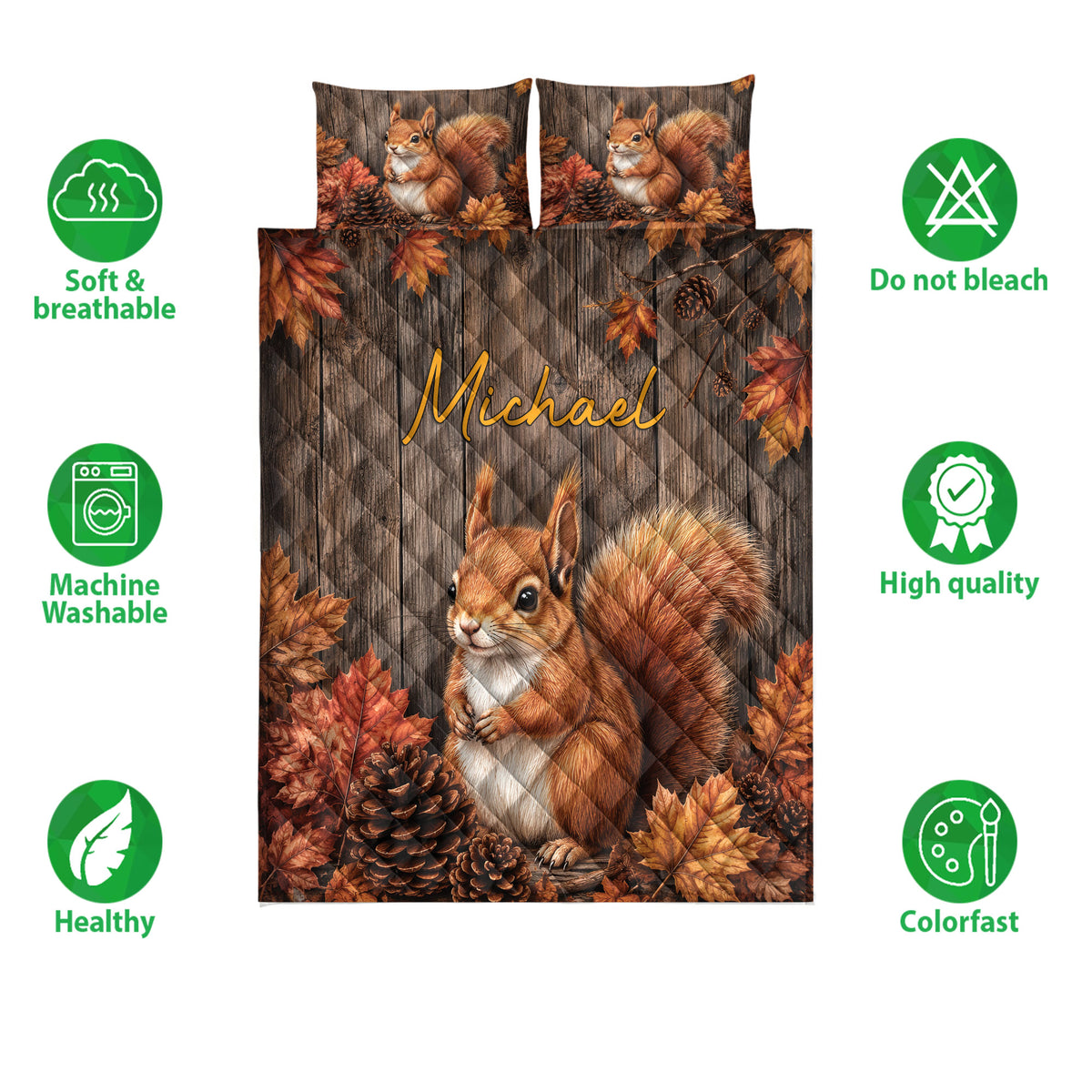 Squirrel quilt bedding set shown with soft breathable and care feature icons