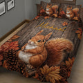 Close view of squirrel quilt bedding with rustic wood texture, pinecones, and fall leaves