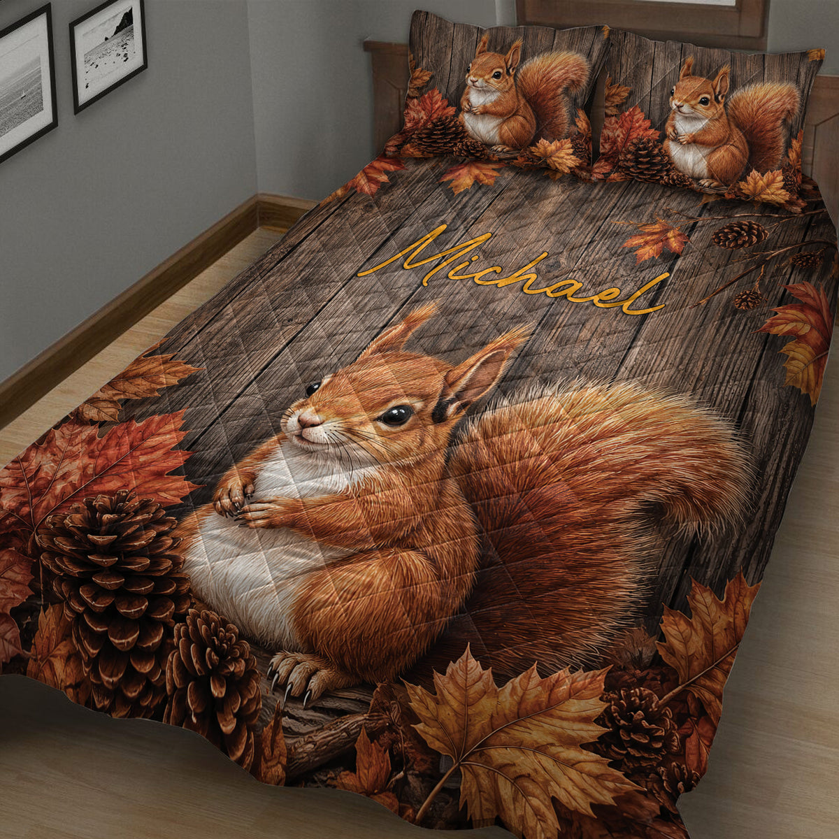 Close view of squirrel quilt bedding with rustic wood texture, pinecones, and fall leaves