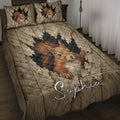 Squirrel quilt blanket displayed on a bed with realistic woodland bark artwork and matching squirrel pillows